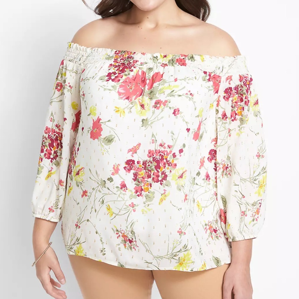 450 NWT Lane Bryant 26/28 Boho Metallic Floral Swiss Dot Off-The-Shoulder Top